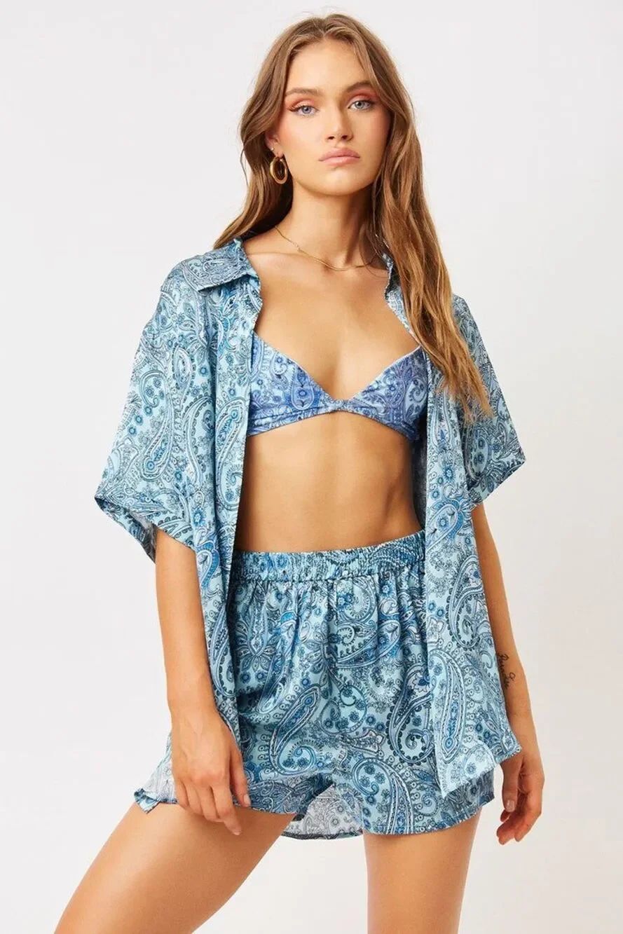 Frankie’s Bikini Fifi Set Top & Short Size S Silk Blue Paisley 2 pieces